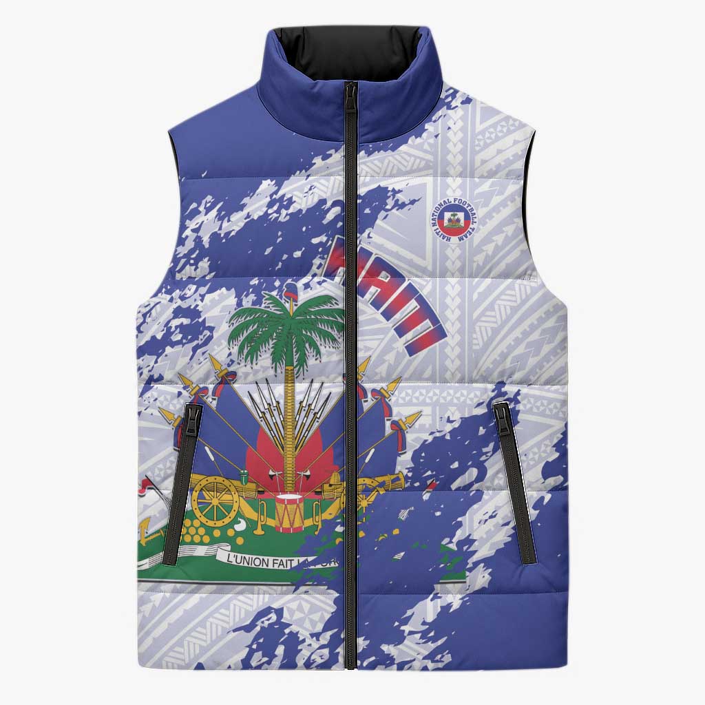 Custom Haiti Football Sleeveless Puffer Jacket Les Grenadiers Blue Grunge Polynesian Tattoo
