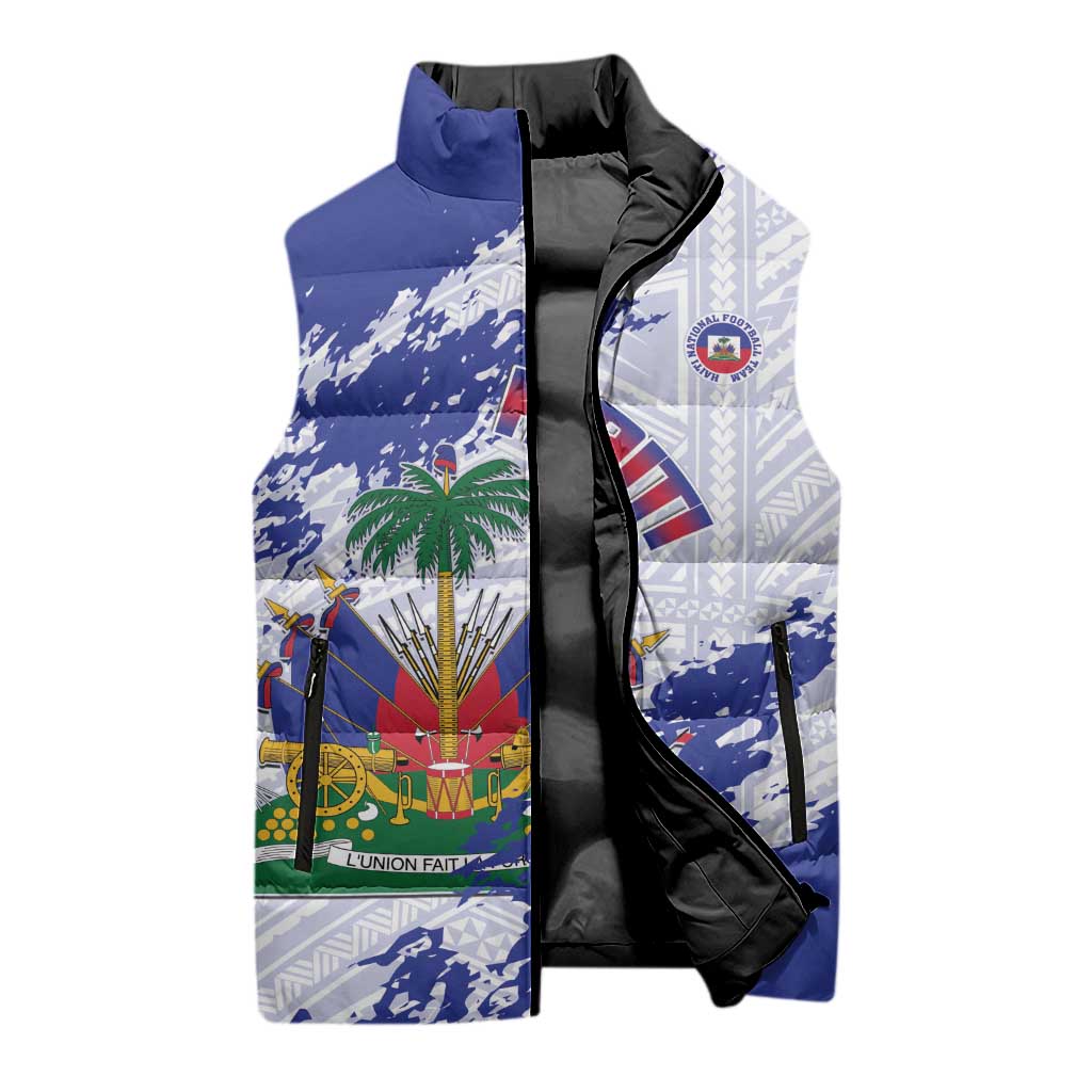 Custom Haiti Football Sleeveless Puffer Jacket Les Grenadiers Blue Grunge Polynesian Tattoo