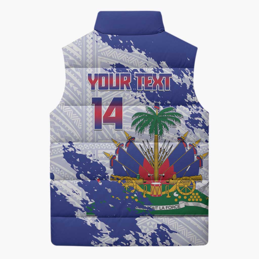 Custom Haiti Football Sleeveless Puffer Jacket Les Grenadiers Blue Grunge Polynesian Tattoo