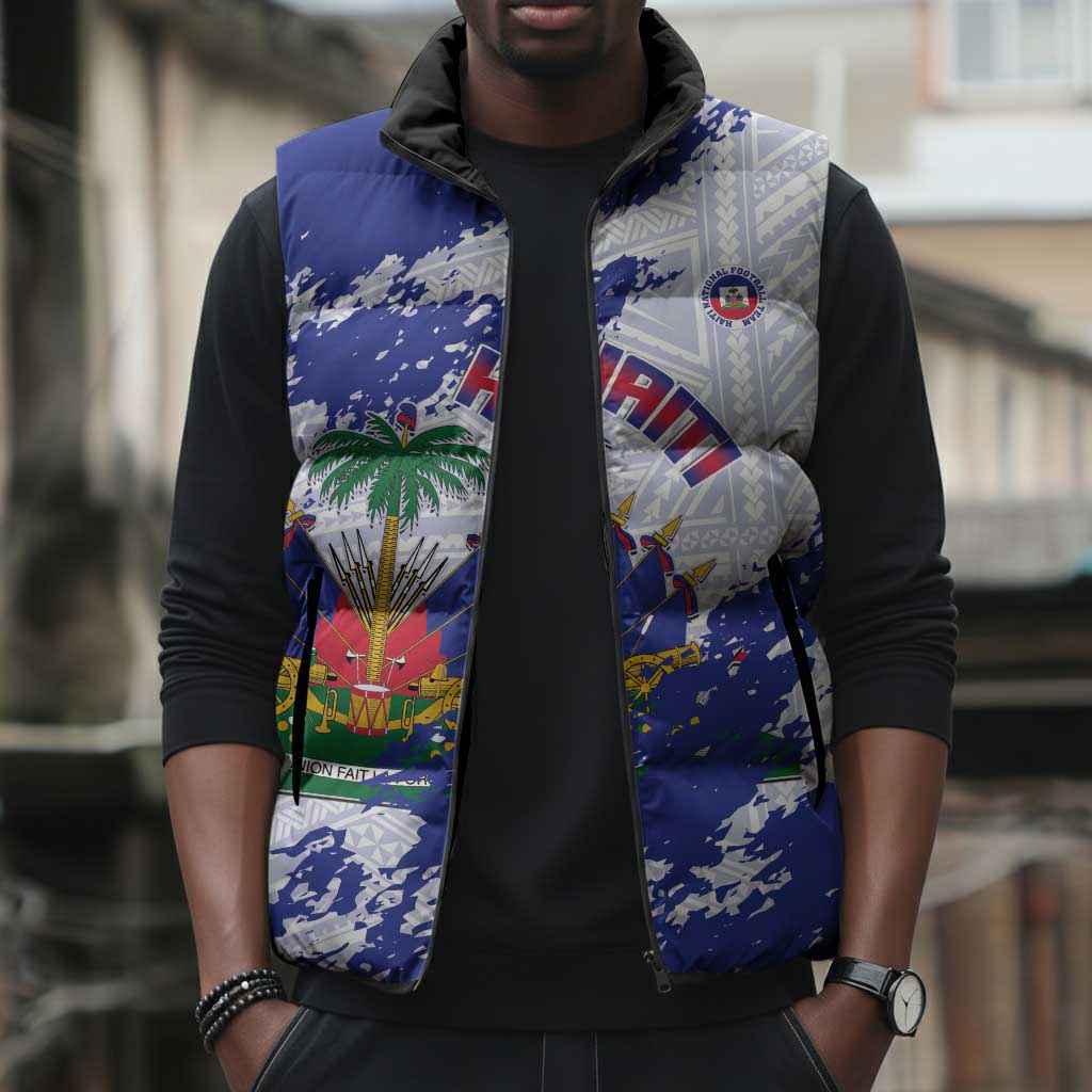 Custom Haiti Football Sleeveless Puffer Jacket Les Grenadiers Blue Grunge Polynesian Tattoo