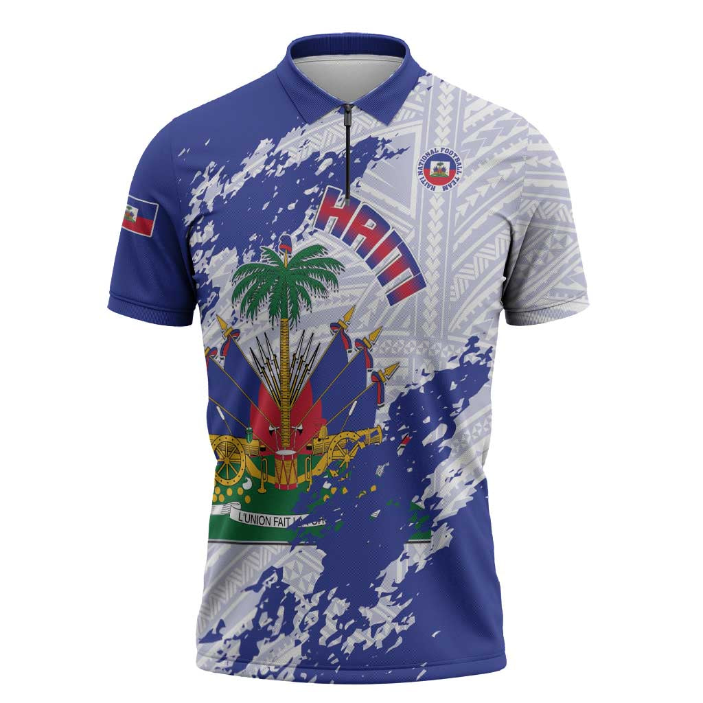 Custom Haiti Football Zipper Polo Shirt Les Grenadiers Blue Grunge Polynesian Tattoo
