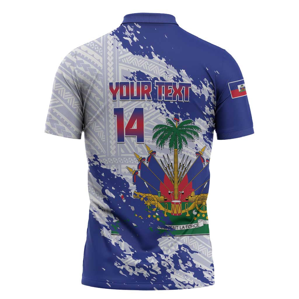 Custom Haiti Football Zipper Polo Shirt Les Grenadiers Blue Grunge Polynesian Tattoo