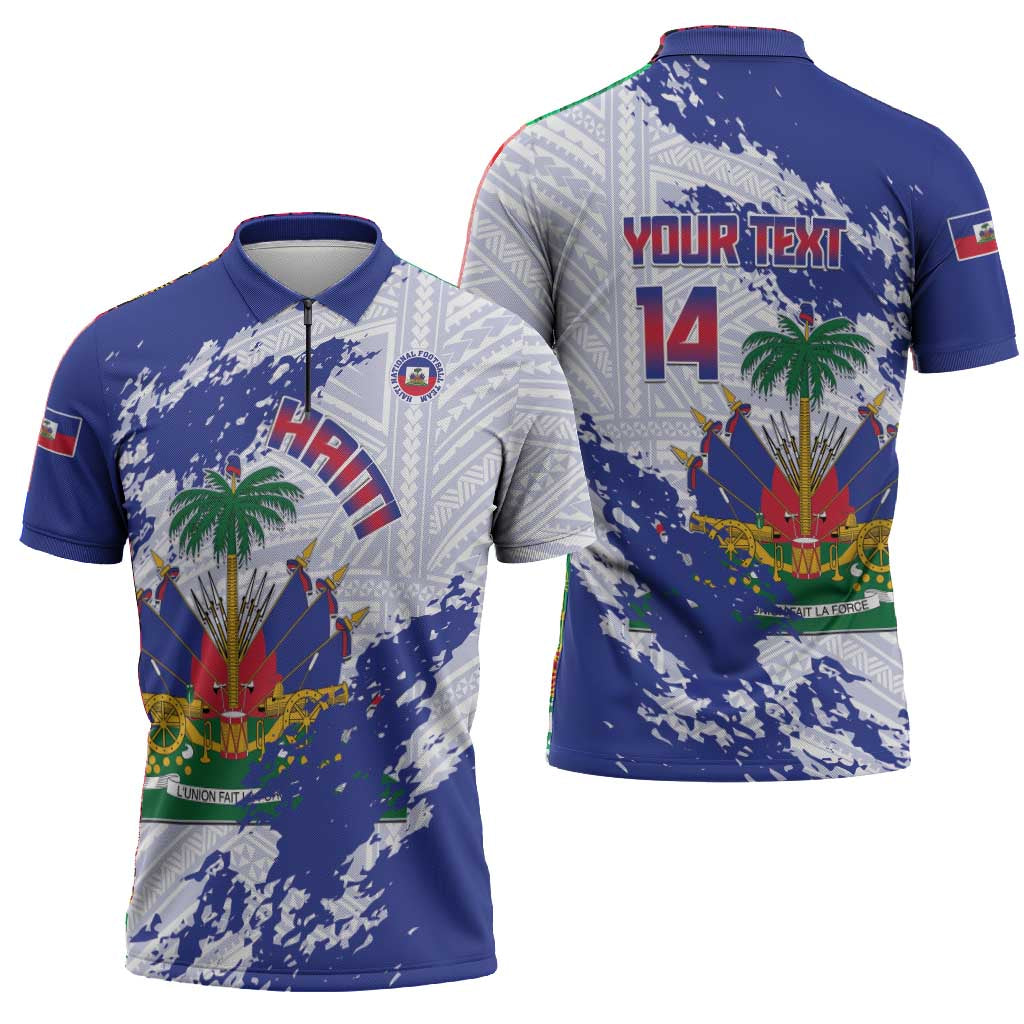 Custom Haiti Football Zipper Polo Shirt Les Grenadiers Blue Grunge Polynesian Tattoo