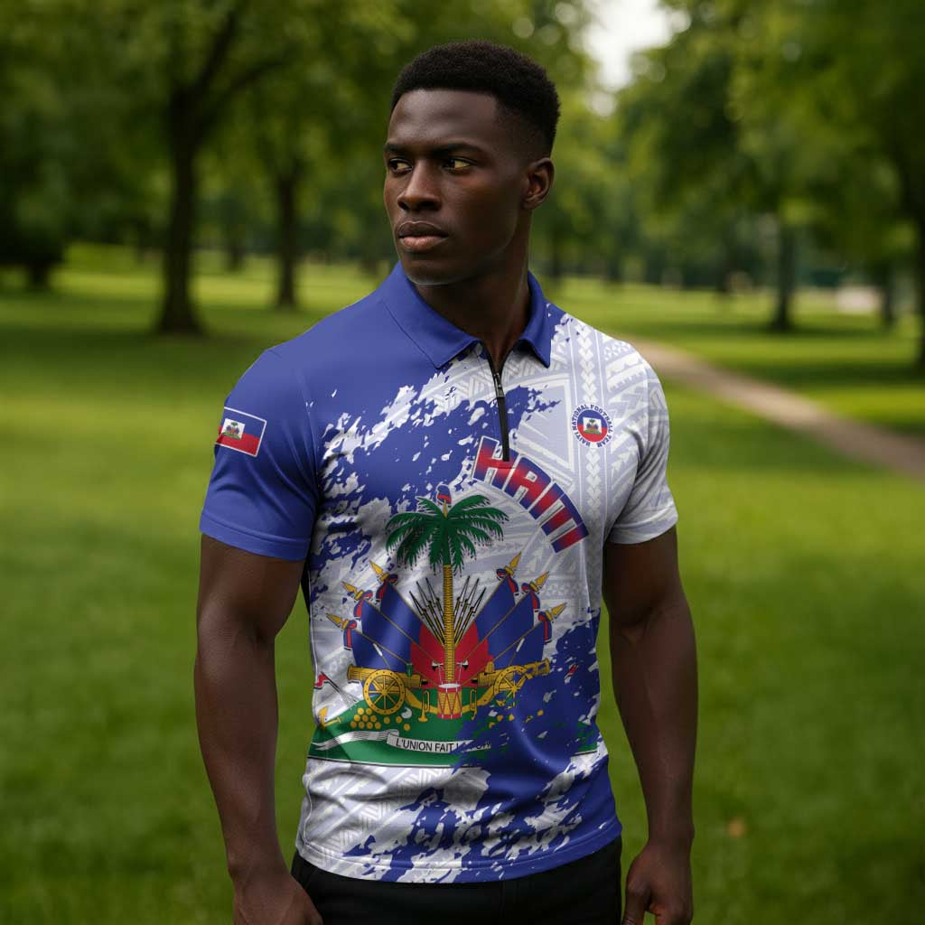 Custom Haiti Football Zipper Polo Shirt Les Grenadiers Blue Grunge Polynesian Tattoo
