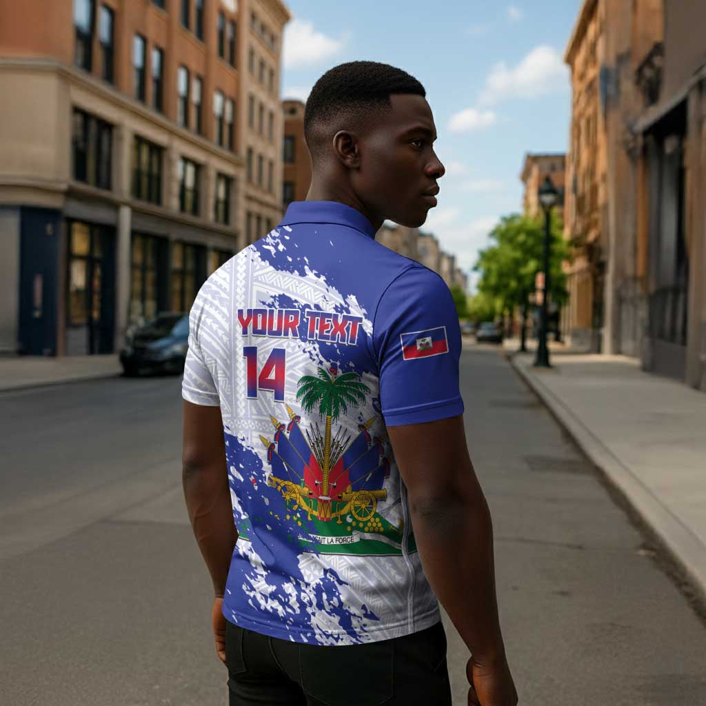 Custom Haiti Football Zipper Polo Shirt Les Grenadiers Blue Grunge Polynesian Tattoo