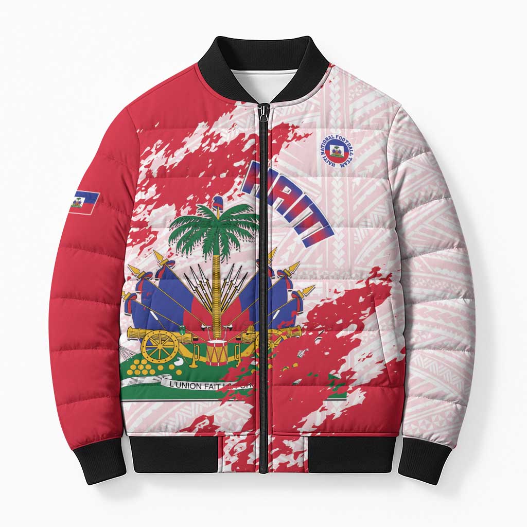 Custom Haiti Football Bomber Puffer Jacket Les Grenadiers Red Grunge Polynesian Tattoo