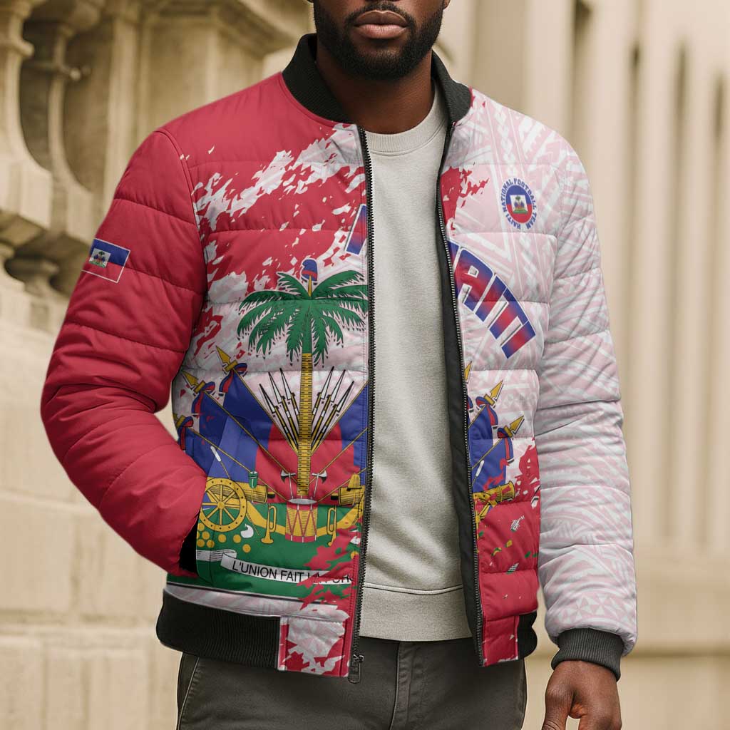 Custom Haiti Football Bomber Puffer Jacket Les Grenadiers Red Grunge Polynesian Tattoo