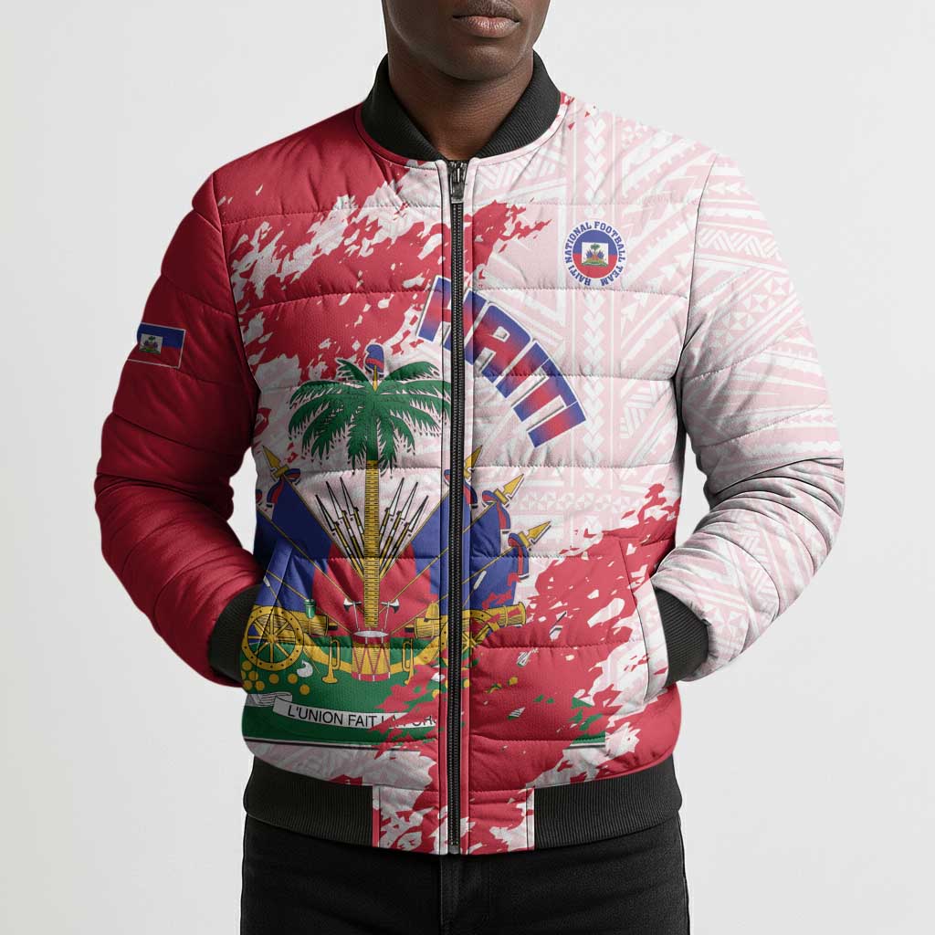 Custom Haiti Football Bomber Puffer Jacket Les Grenadiers Red Grunge Polynesian Tattoo