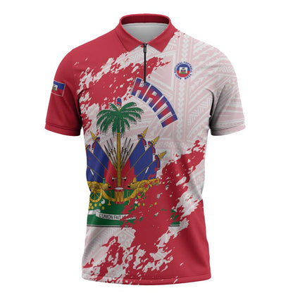 Custom Haiti Football Zipper Polo Shirt Les Grenadiers Red Grunge Polynesian Tattoo