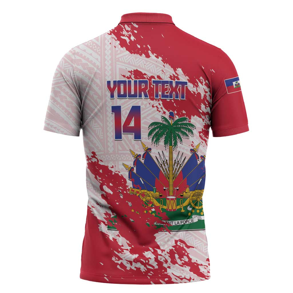 Custom Haiti Football Zipper Polo Shirt Les Grenadiers Red Grunge Polynesian Tattoo