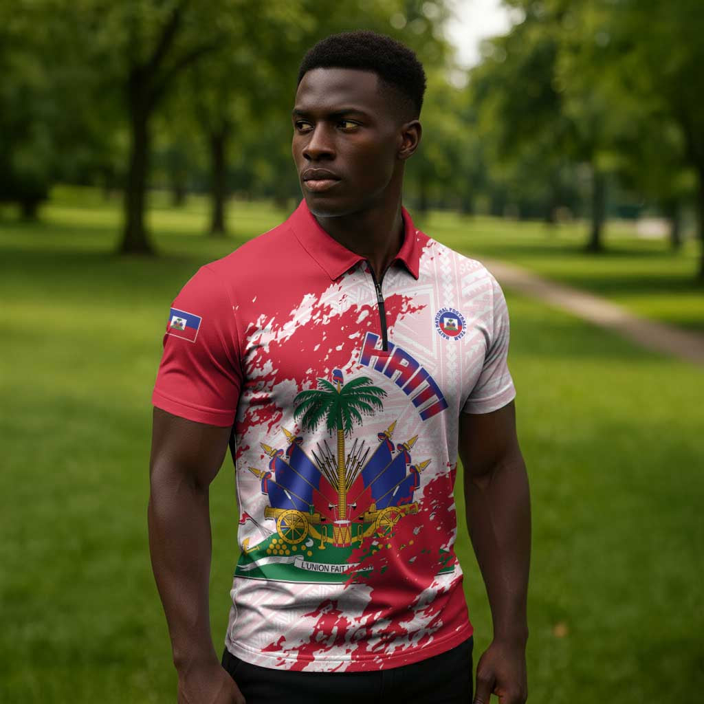 Custom Haiti Football Zipper Polo Shirt Les Grenadiers Red Grunge Polynesian Tattoo