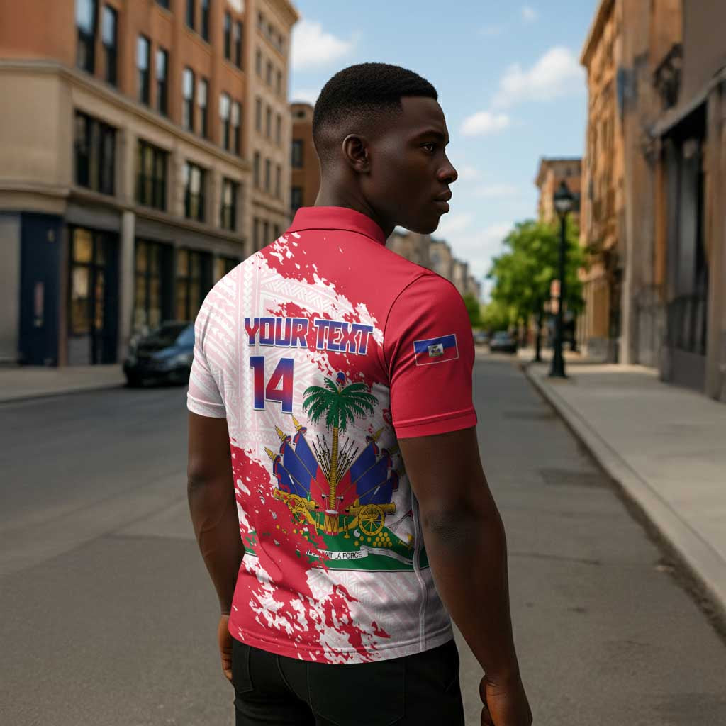 Custom Haiti Football Zipper Polo Shirt Les Grenadiers Red Grunge Polynesian Tattoo