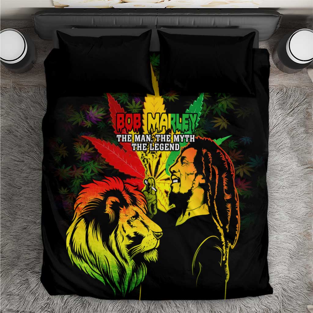 Afro Jamaica Legend Bob Bedding Set Lion With Cannabis Leaf Pattern