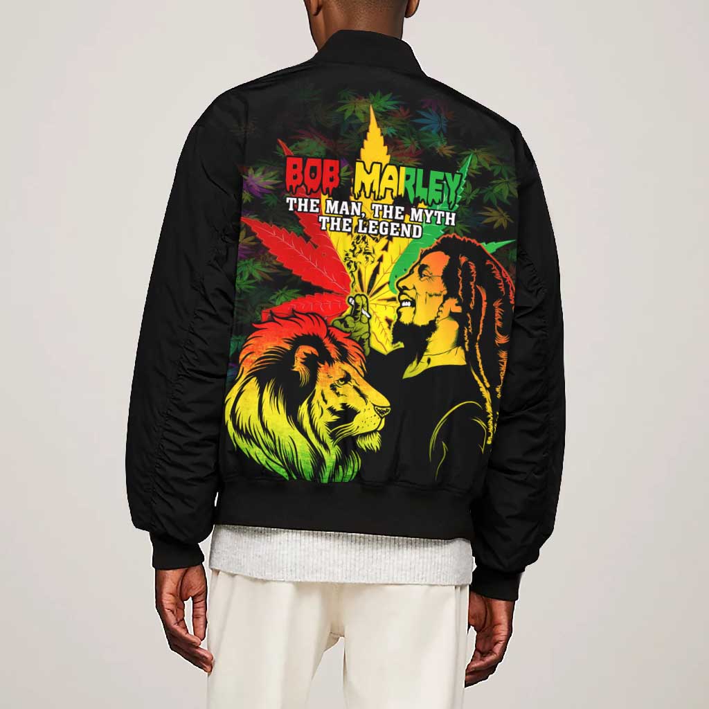 Afro Jamaica Legend Bob Bomber Jacket Lion With Cannabis Leaf Pattern LT14
