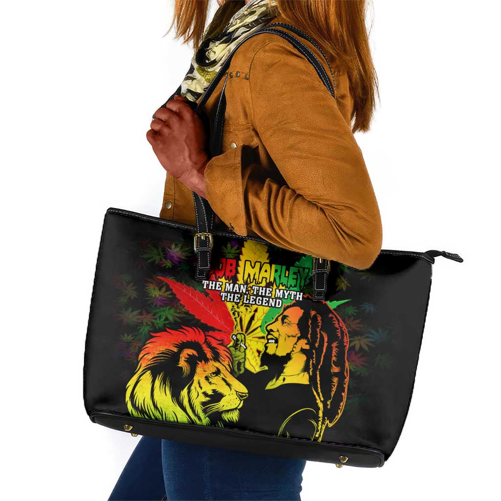 Afro Jamaica Legend Bob Leather Tote Bag Lion With Cannabis Leaf Pattern LT14