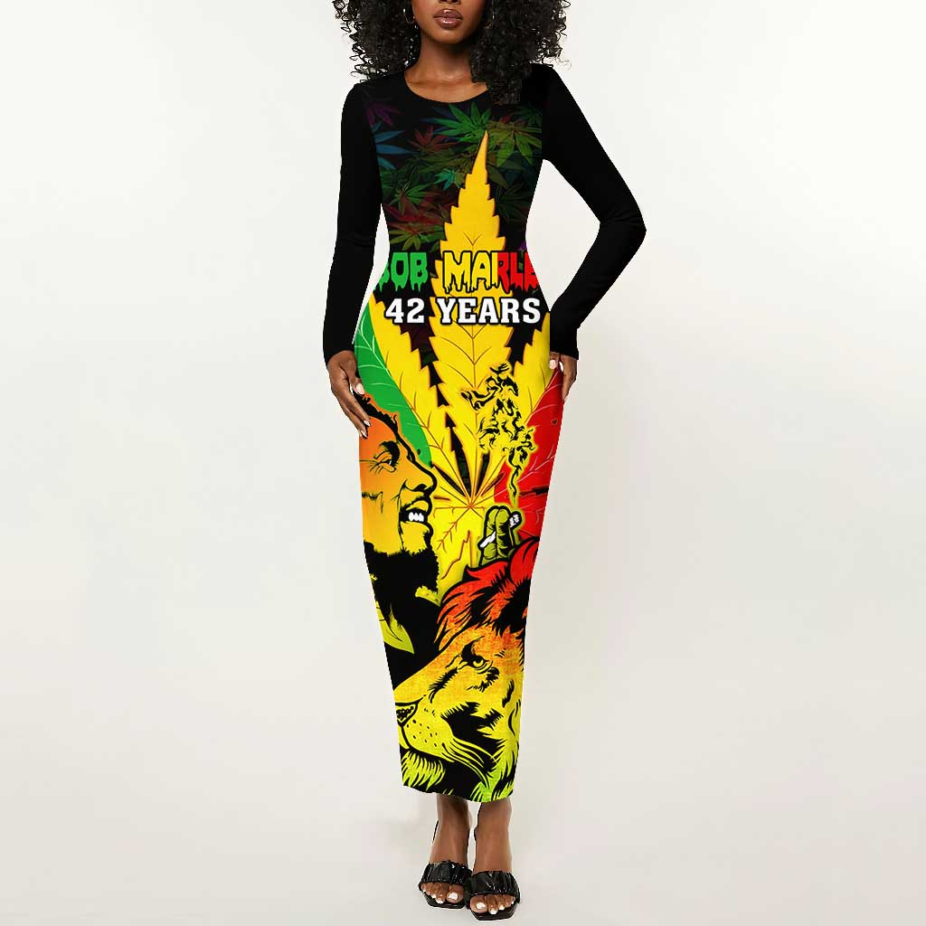 Afro Jamaica Legend Bob Long Sleeve Bodycon Dress Lion With Cannabis Leaf Pattern