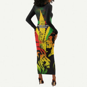 Afro Jamaica Legend Bob Long Sleeve Bodycon Dress Lion With Cannabis Leaf Pattern