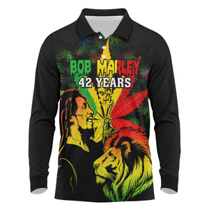 Afro Jamaica Legend Bob Long Sleeve Polo Shirt Lion With Cannabis Leaf Pattern