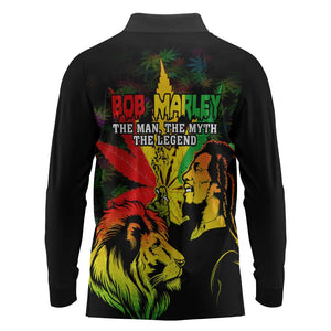 Afro Jamaica Legend Bob Long Sleeve Polo Shirt Lion With Cannabis Leaf Pattern