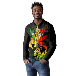 Afro Jamaica Legend Bob Long Sleeve Polo Shirt Lion With Cannabis Leaf Pattern