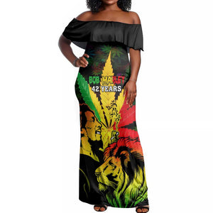 Afro Jamaica Legend Bob Off Shoulder Maxi Dress Lion With Cannabis Leaf Pattern