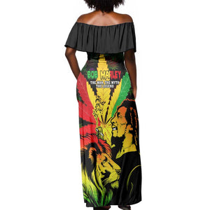 Afro Jamaica Legend Bob Off Shoulder Maxi Dress Lion With Cannabis Leaf Pattern