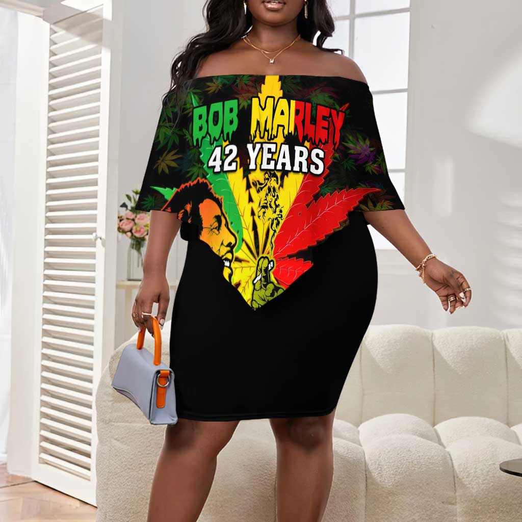 Afro Jamaica Legend Bob Off Shoulder Short Dress Lion With Cannabis Leaf Pattern