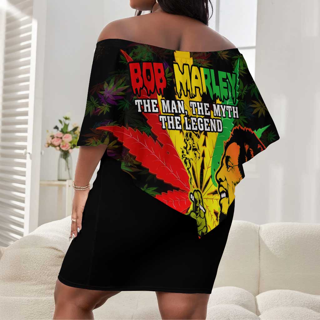 Afro Jamaica Legend Bob Off Shoulder Short Dress Lion With Cannabis Leaf Pattern LT14