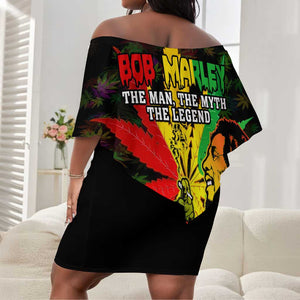 Afro Jamaica Legend Bob Off Shoulder Short Dress Lion With Cannabis Leaf Pattern