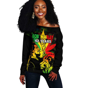 Afro Jamaica Legend Bob Off Shoulder Sweater Lion With Cannabis Leaf Pattern