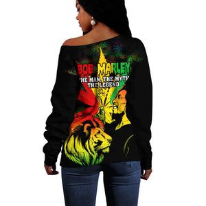 Afro Jamaica Legend Bob Off Shoulder Sweater Lion With Cannabis Leaf Pattern