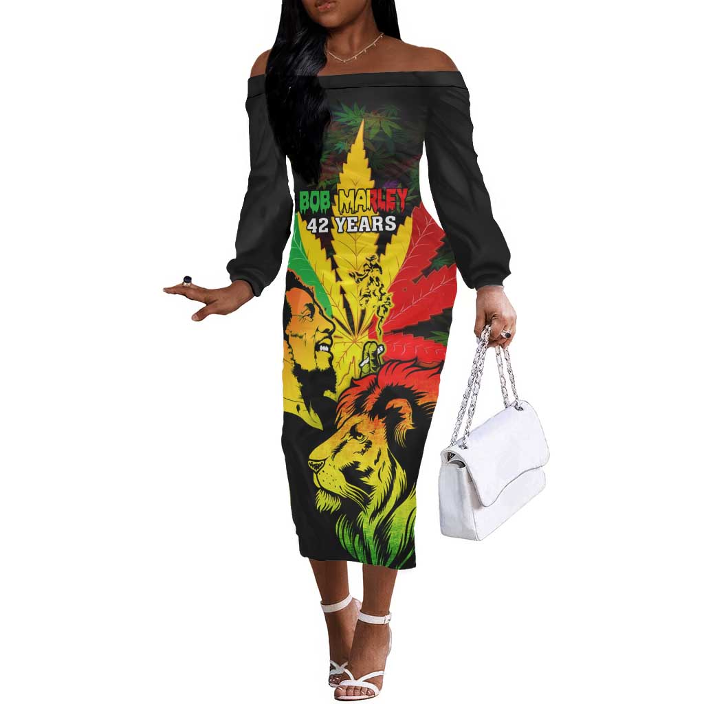 Afro Jamaica Legend Bob Off The Shoulder Long Sleeve Dress Lion With Cannabis Leaf Pattern