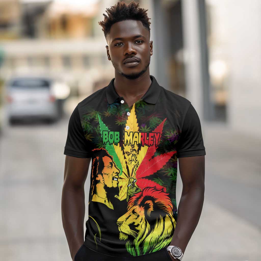 Afro Jamaica Legend Bob Polo Shirt Lion With Cannabis Leaf Pattern LT14