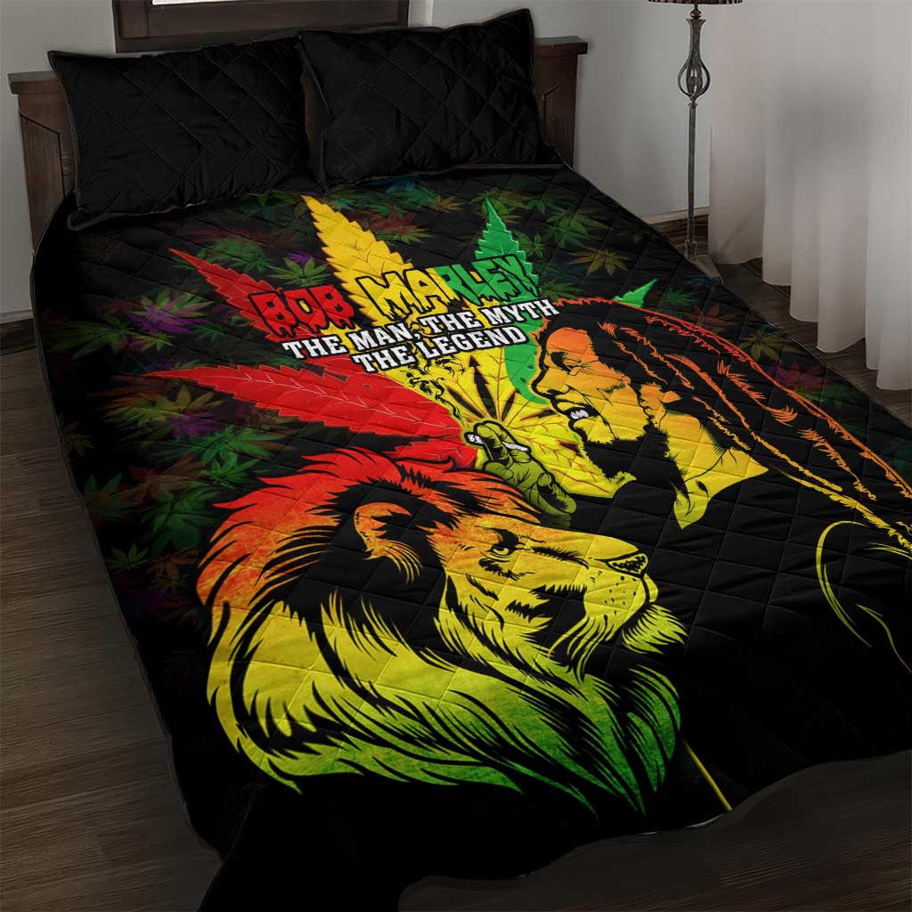 Afro Jamaica Legend Bob Quilt Bed Set Lion With Cannabis Leaf Pattern