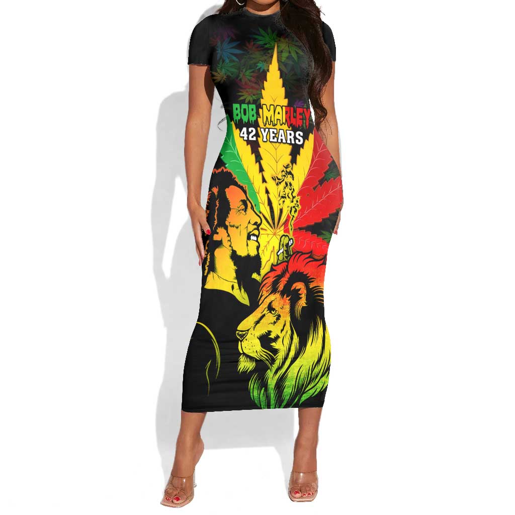 Afro Jamaica Legend Bob Short Sleeve Bodycon Dress Lion With Cannabis Leaf Pattern