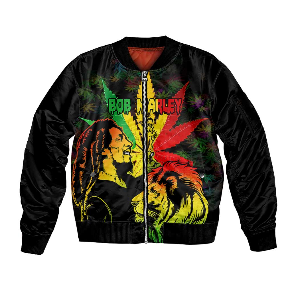 Afro Jamaica Legend Bob Sleeve Zip Bomber Jacket Lion With Cannabis Leaf Pattern LT14