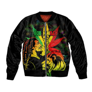 Afro Jamaica Legend Bob Sleeve Zip Bomber Jacket Lion With Cannabis Leaf Pattern LT14