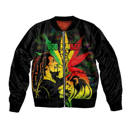 Afro Jamaica Legend Bob Sleeve Zip Bomber Jacket Lion With Cannabis Leaf Pattern LT14