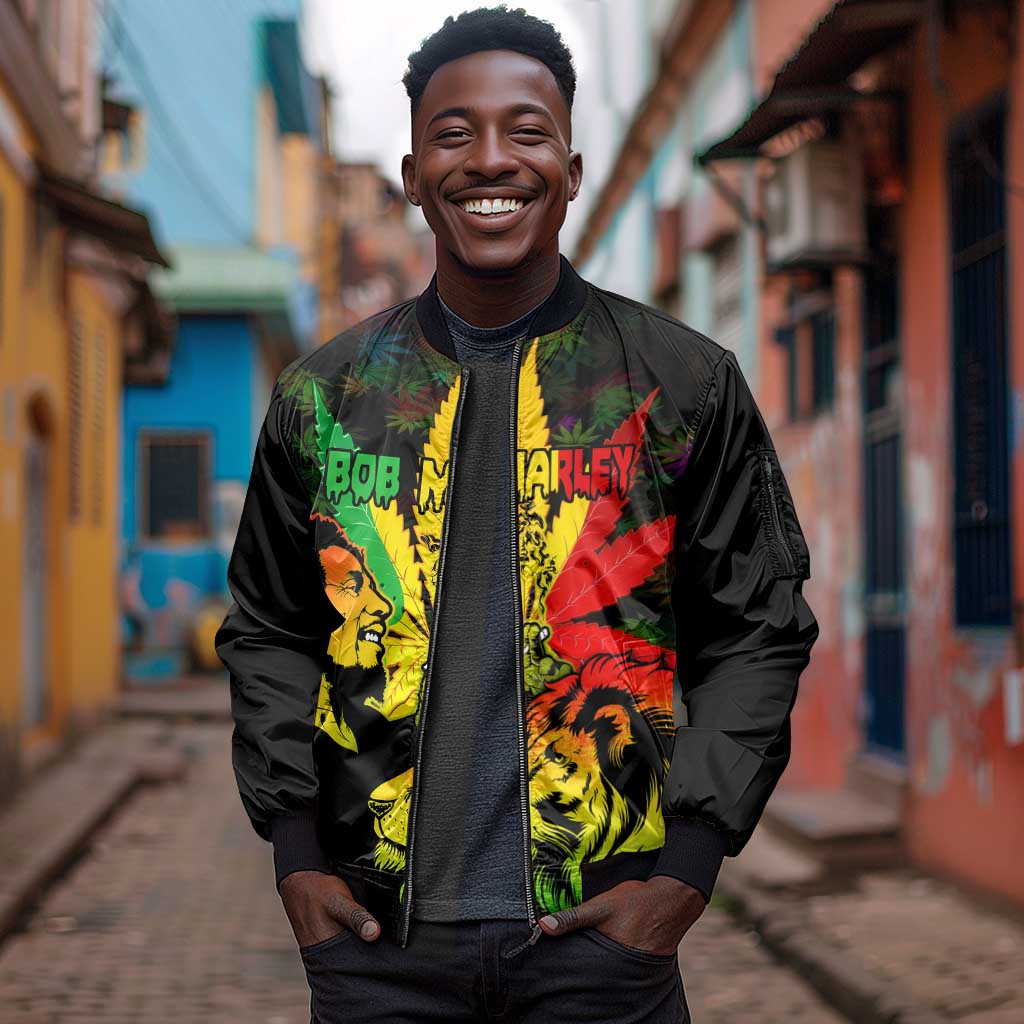 Afro Jamaica Legend Bob Sleeve Zip Bomber Jacket Lion With Cannabis Leaf Pattern LT14