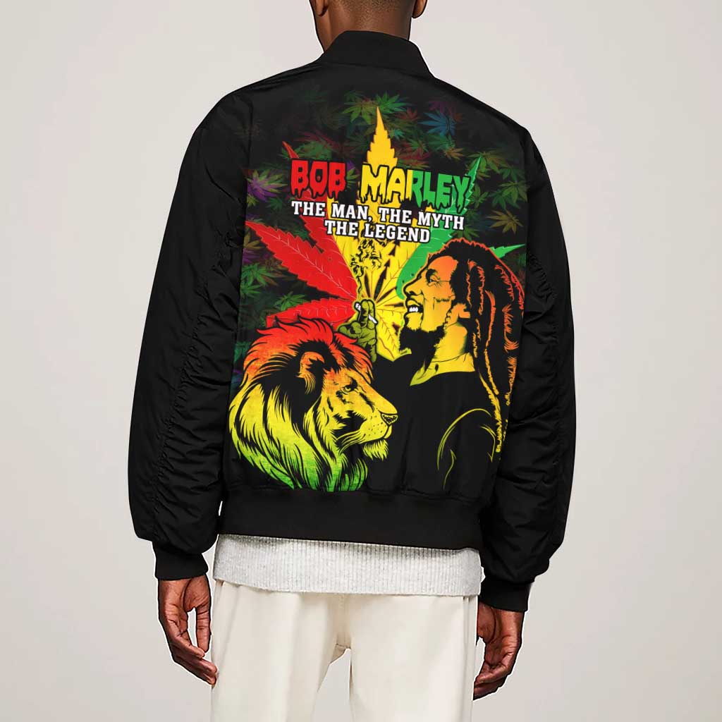 Afro Jamaica Legend Bob Sleeve Zip Bomber Jacket Lion With Cannabis Leaf Pattern LT14