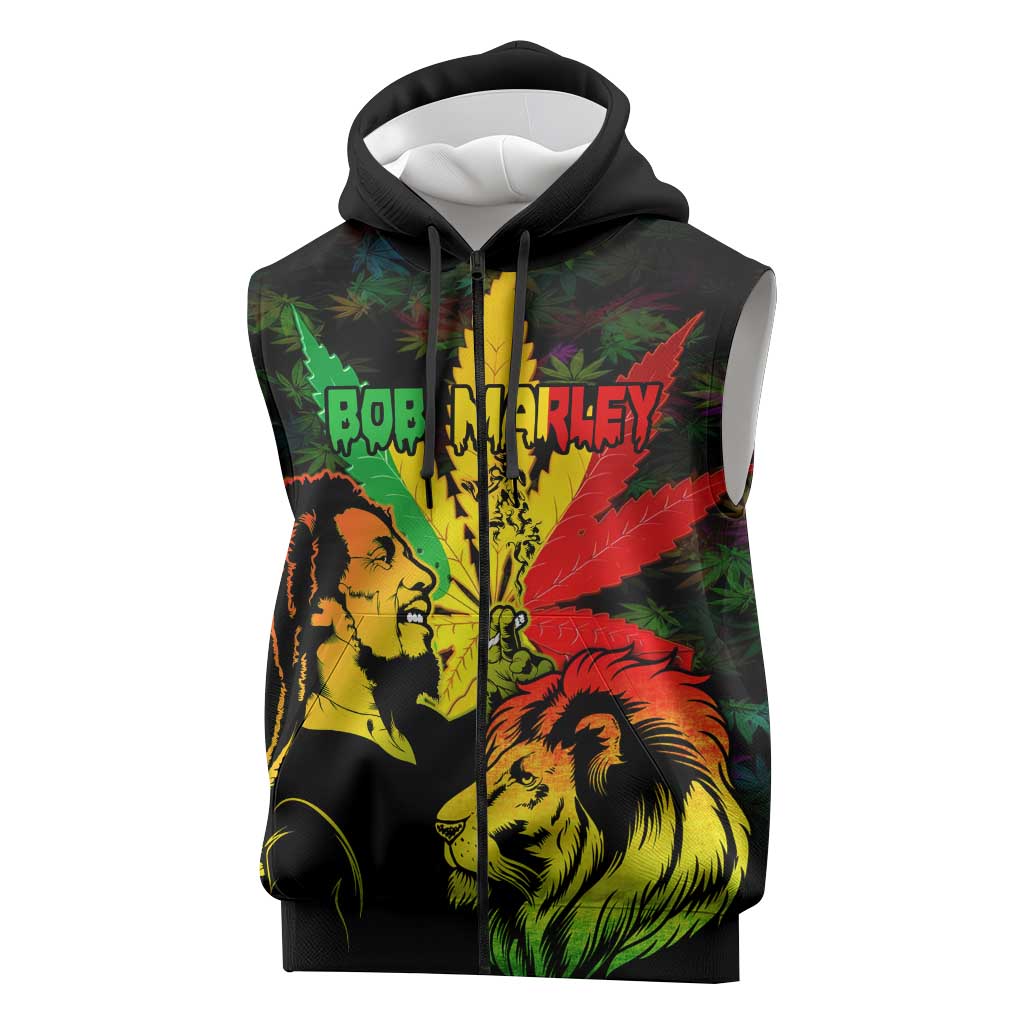 Afro Jamaica Legend Bob Sleeveless Zip Hoodie Lion With Cannabis Leaf Pattern LT14