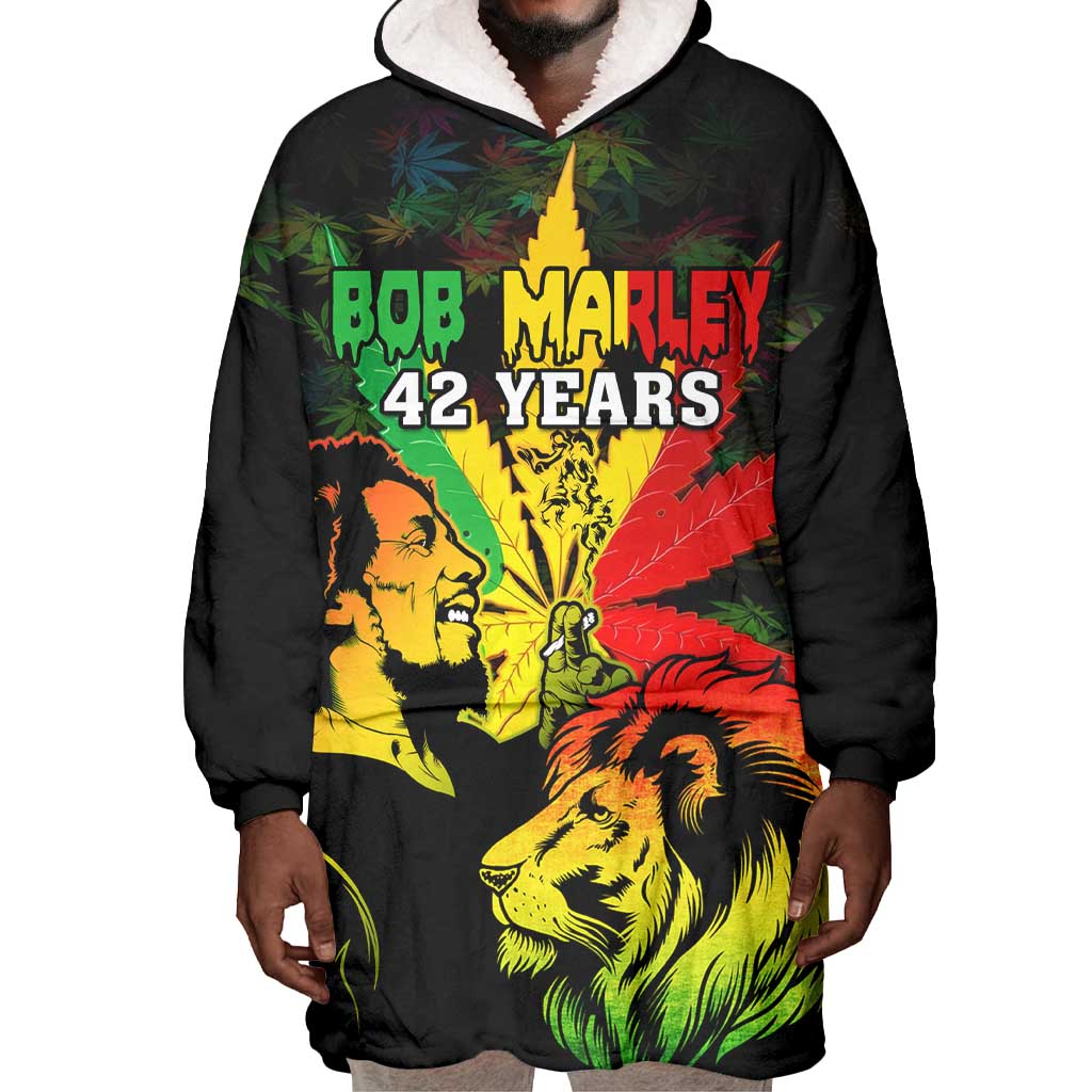 Afro Jamaica Legend Bob Wearable Blanket Hoodie Lion With Cannabis Leaf Pattern