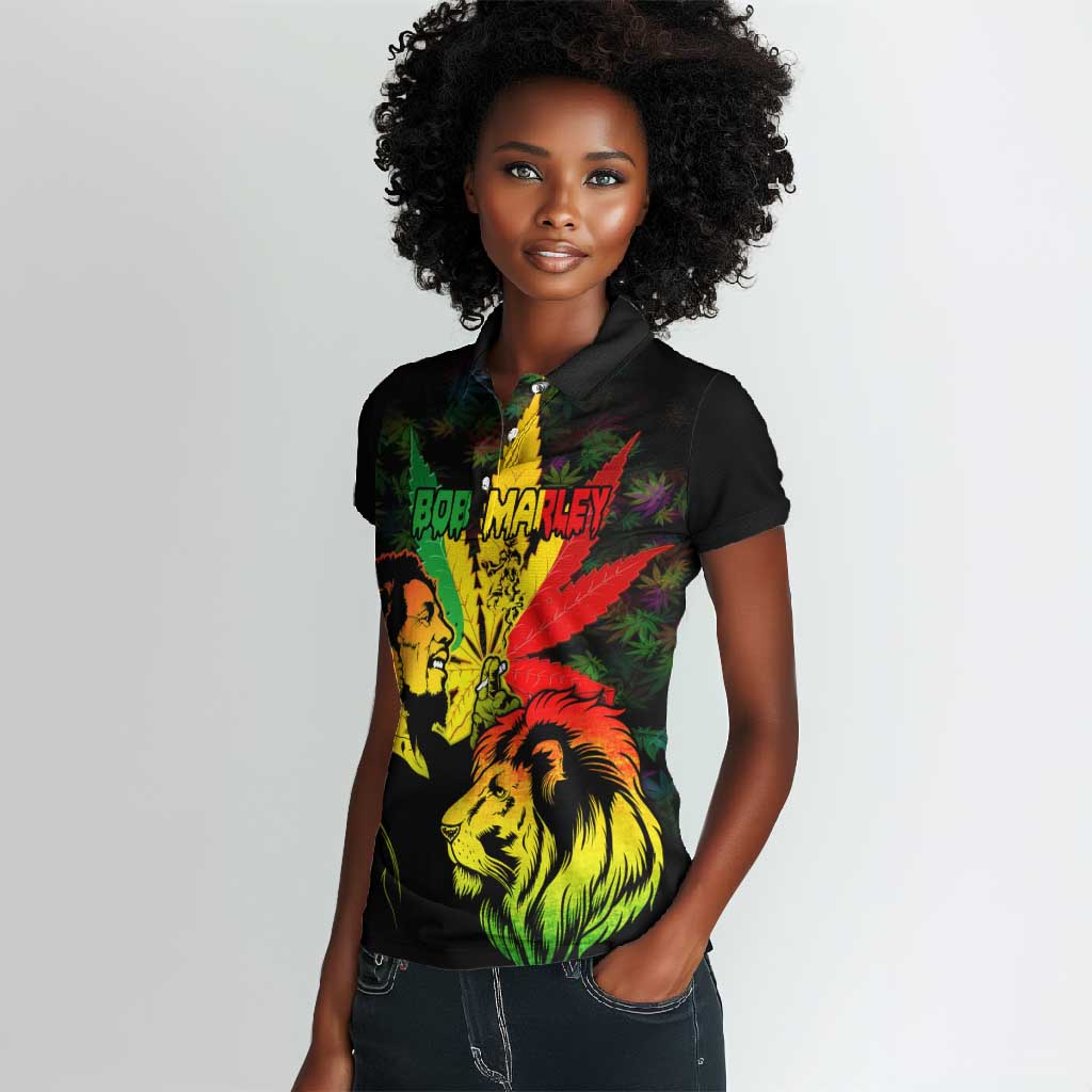 Afro Jamaica Legend Bob Women Polo Shirt Lion With Cannabis Leaf Pattern LT14