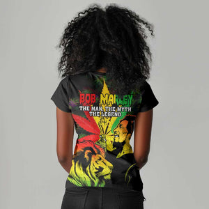 Afro Jamaica Legend Bob Women V-Neck T-Shirt Lion With Cannabis Leaf Pattern