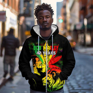 Afro Jamaica Legend Bob Zip Hoodie Lion With Cannabis Leaf Pattern