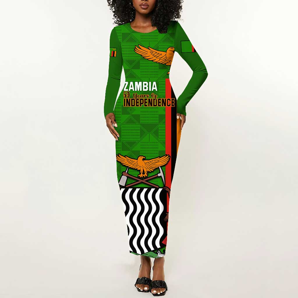 Personalised Zambia Independence Day Long Sleeve Bodycon Dress Kente Pattern