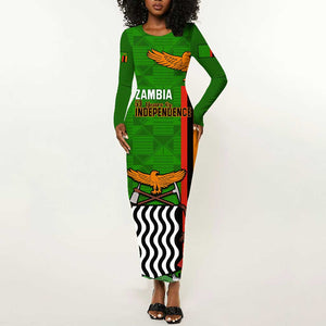 Personalised Zambia Independence Day Long Sleeve Bodycon Dress Kente Pattern