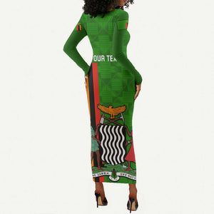 Personalised Zambia Independence Day Long Sleeve Bodycon Dress Kente Pattern