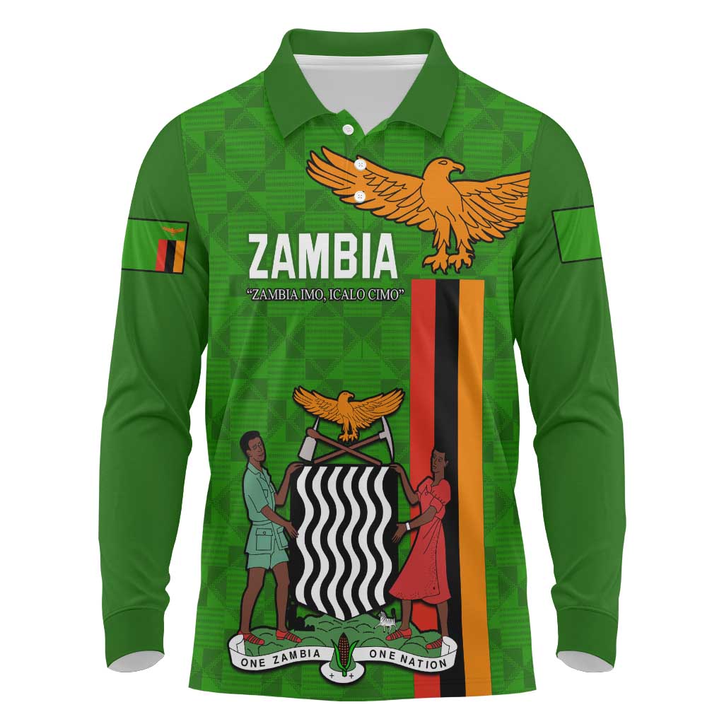 Personalised Zambia Independence Day Long Sleeve Polo Shirt Kente Pattern