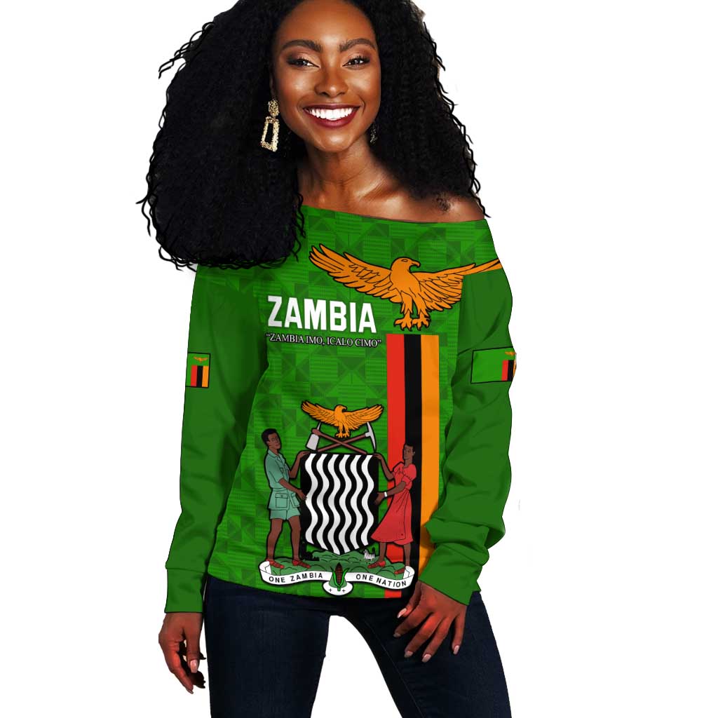 Personalised Zambia Independence Day Off Shoulder Sweater Kente Pattern